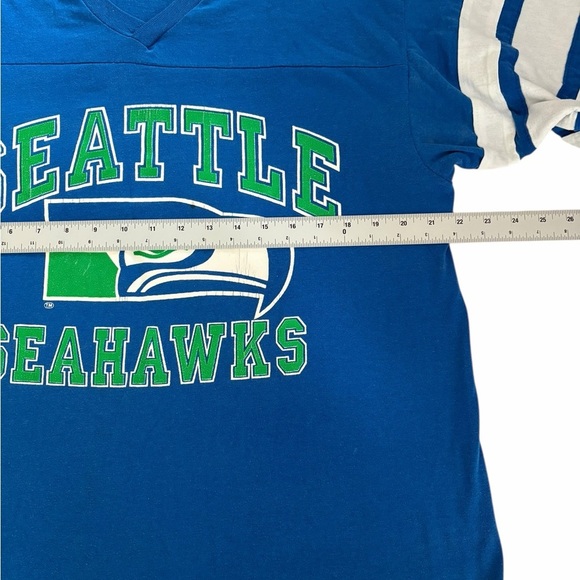 VINTAGE Seattle Seahawks Jersey Tee – Royal Blue with Striped Sleeves - Picture 8 of 16